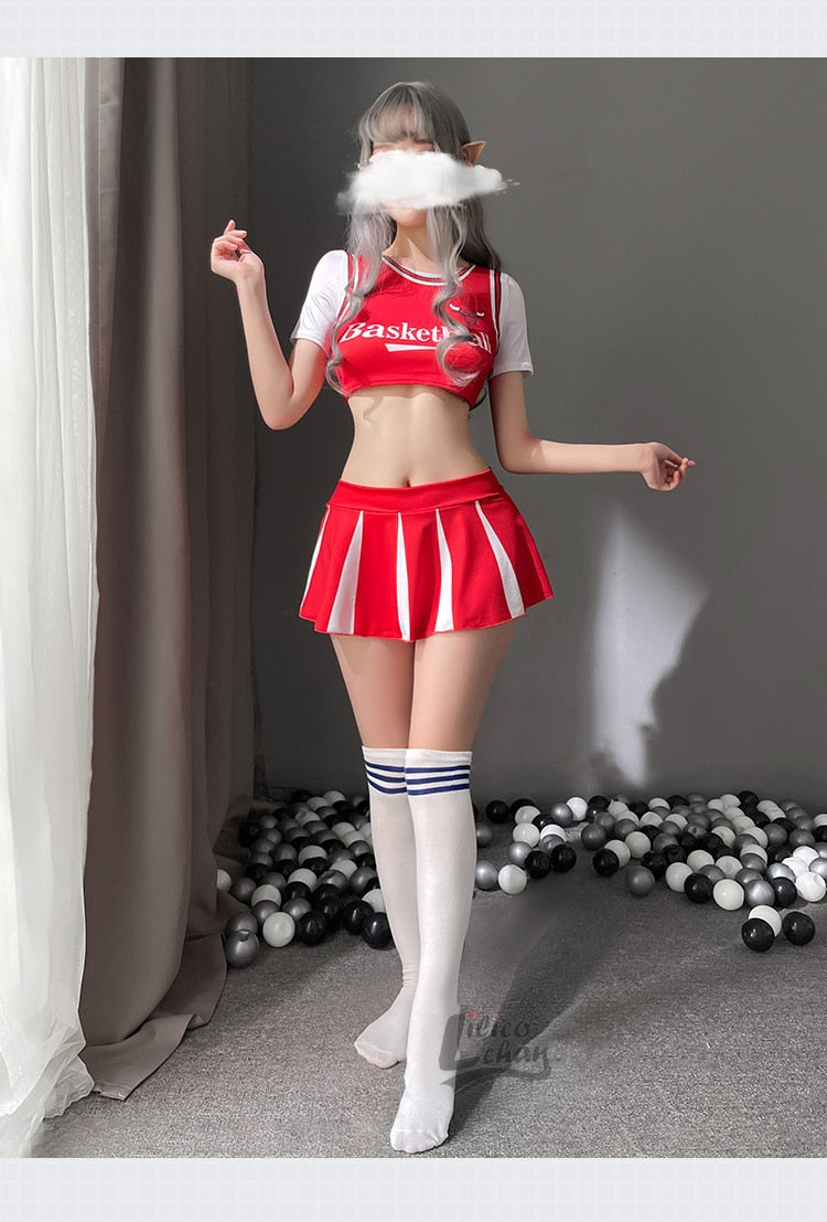 3Pcs O Neck Women Japanese Schoolgirl Cosplay Uniform Bare Chest Sexy Lingerie Cosplay Cheerleader Costume Mini Pleated Skirt