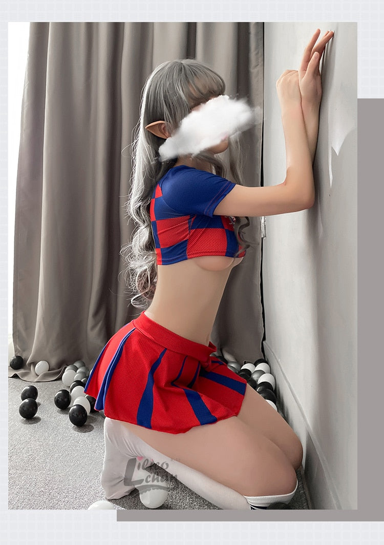 3Pcs O Neck Women Japanese Schoolgirl Cosplay Uniform Bare Chest Sexy Lingerie Cosplay Cheerleader Costume Mini Pleated Skirt
