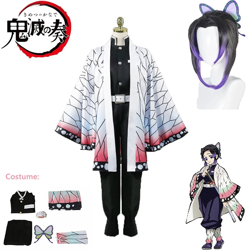 Anime Demon Slayer Kimetsu No Yaiba Kochou Shinobu Cosplay Costume Wig Set Kimono Uniform Halloween Anime Costumes for Adult Kid