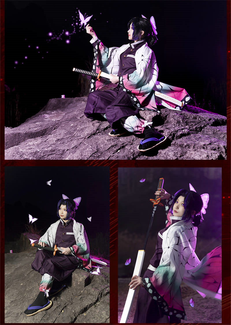 Anime Demon Slayer Kimetsu No Yaiba Kochou Shinobu Cosplay Costume Wig Set Kimono Uniform Halloween Anime Costumes for Adult Kid