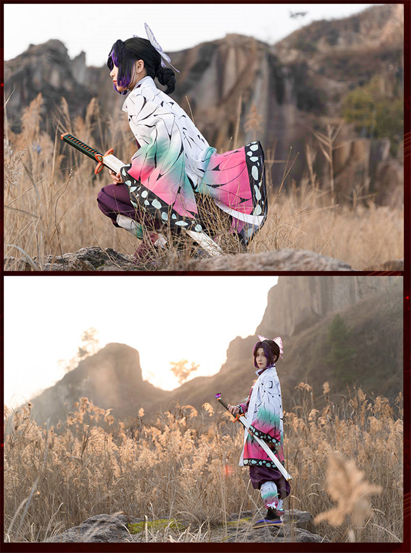 Anime Demon Slayer Kimetsu No Yaiba Kochou Shinobu Cosplay Costume Wig Set Kimono Uniform Halloween Anime Costumes for Adult Kid