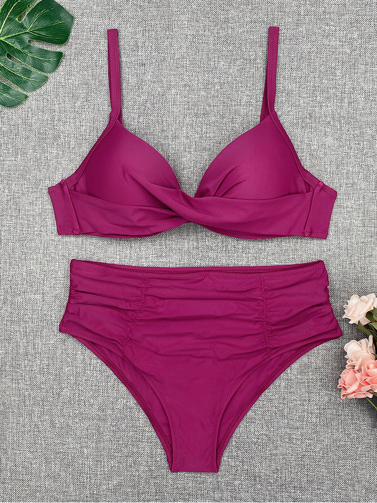 Sexy Bikini Swimwear Women High Waist Swimsuit Solid Color Bikini Set Biquini Beach Wear Padded Push Up Bikini Set Female