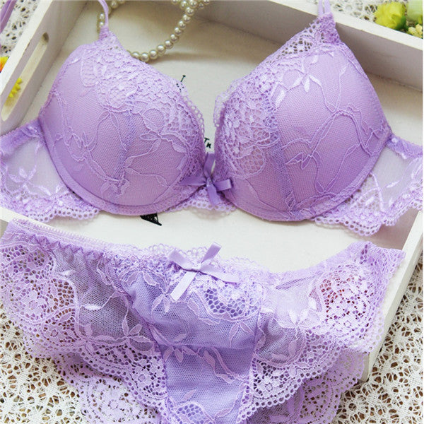 Sexy Elegant Bra and Panty Women Set Candy Colors Lady Bra Underwear Satin Lace Embroidery Bras Panties Sets B Cup