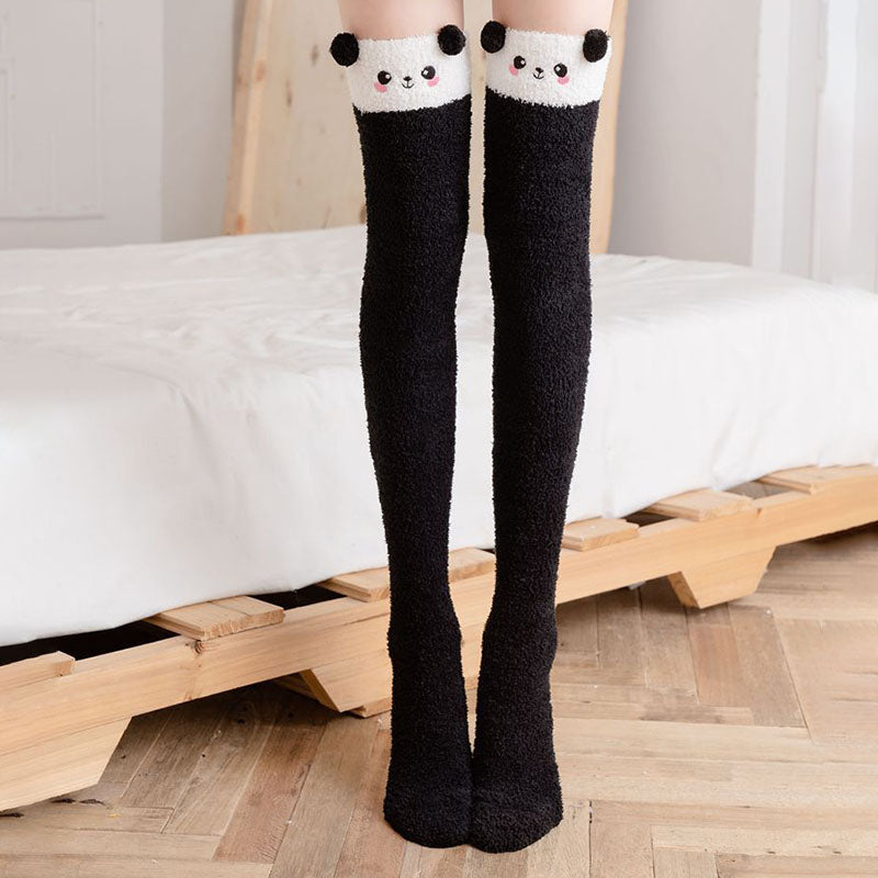 Soft Coral Fleece Women Thigh High Socks Cute Cartoon Animals Panda Cat Bear Over Knee High Ladies Girls Long Socks Home