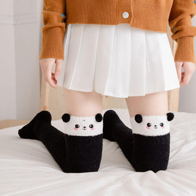 Soft Coral Fleece Women Thigh High Socks Cute Cartoon Animals Panda Cat Bear Over Knee High Ladies Girls Long Socks Home