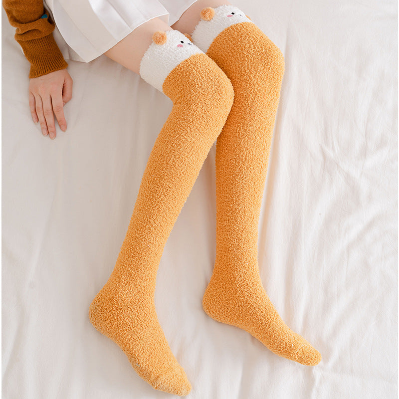 Soft Coral Fleece Women Thigh High Socks Cute Cartoon Animals Panda Cat Bear Over Knee High Ladies Girls Long Socks Home