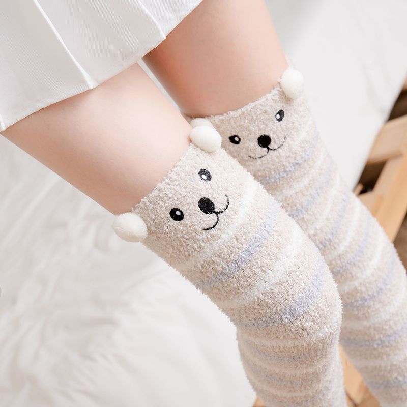 Soft Coral Fleece Women Thigh High Socks Cute Cartoon Animals Panda Cat Bear Over Knee High Ladies Girls Long Socks Home