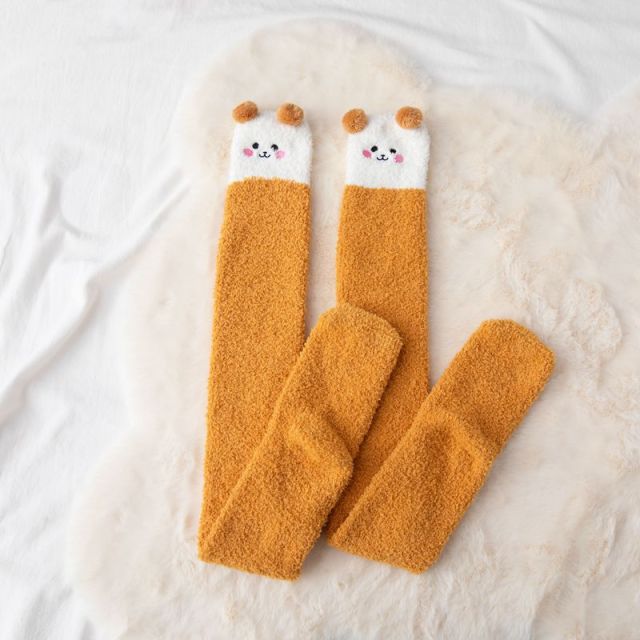 Soft Coral Fleece Women Thigh High Socks Cute Cartoon Animals Panda Cat Bear Over Knee High Ladies Girls Long Socks Home