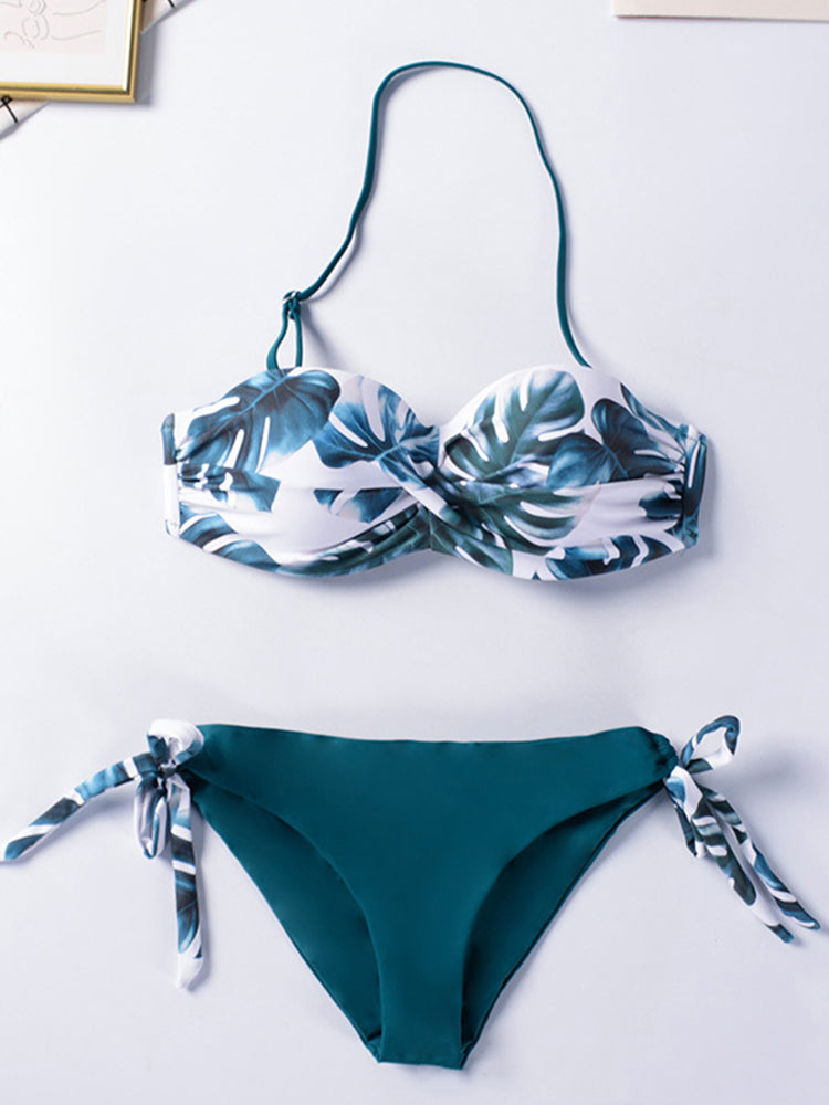 Bikini Sets Solid Color Swimsuit Sexy Mid-Waist Bandeau Gather Cup Bikinis Women Swimwear Female Bathing Suits Beach wear