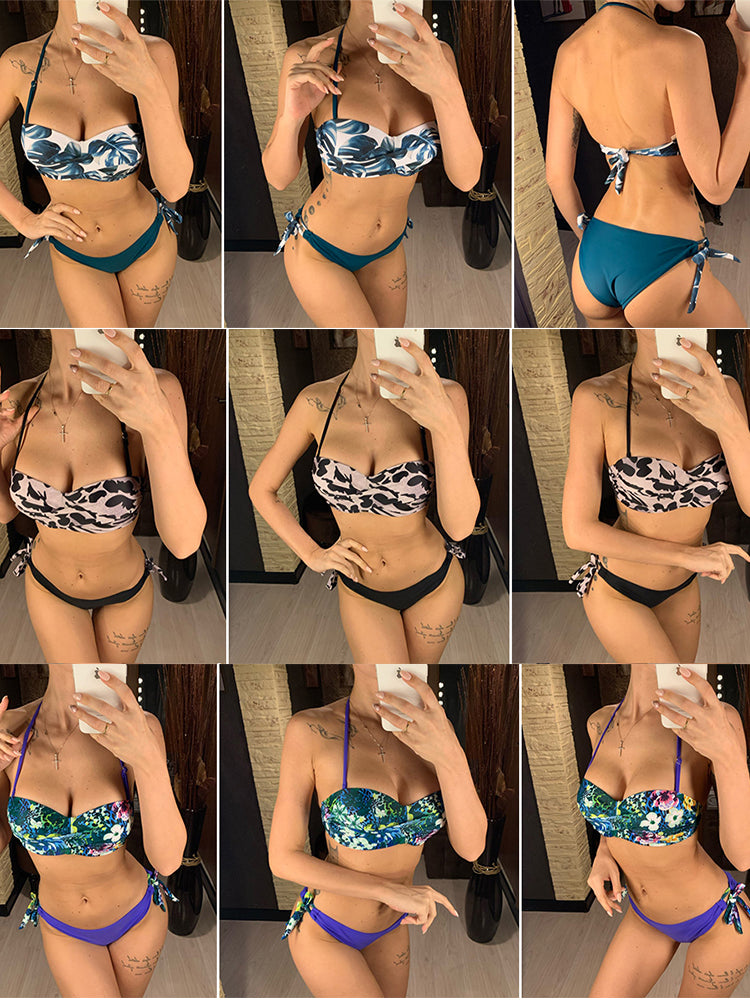 Bikini Sets Solid Color Swimsuit Sexy Mid-Waist Bandeau Gather Cup Bikinis Women Swimwear Female Bathing Suits Beach wear