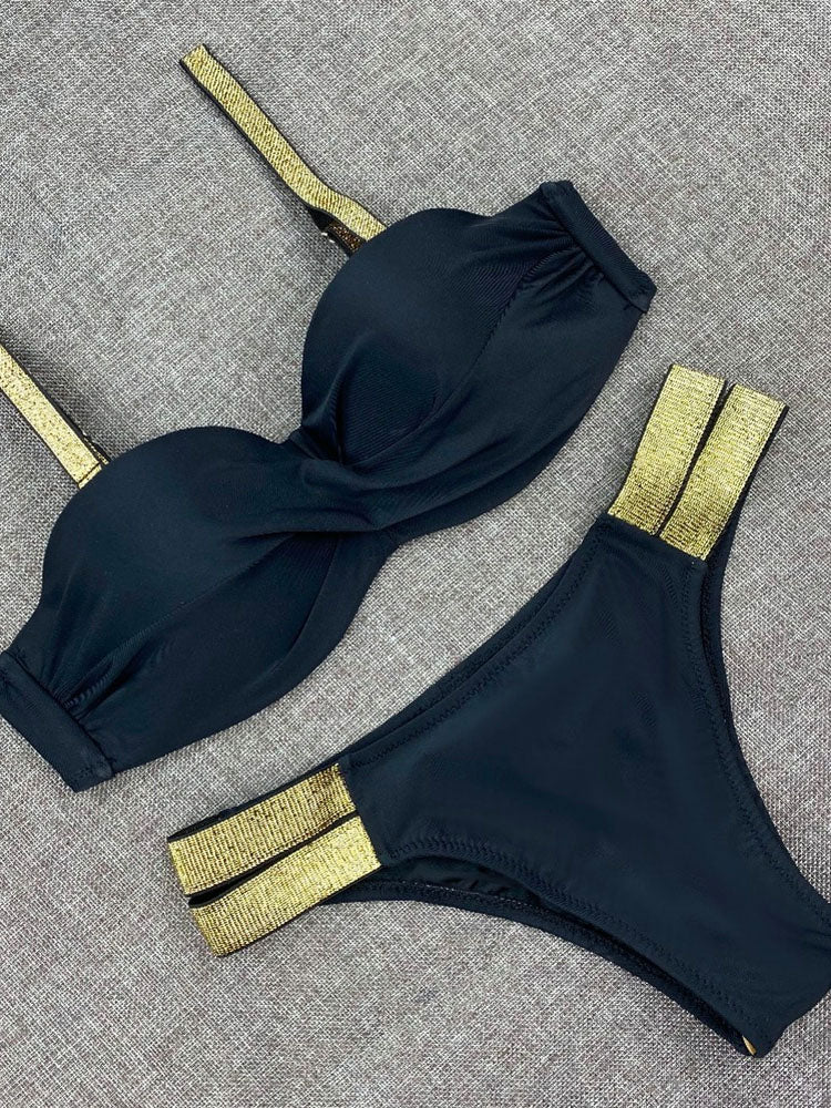 Bikini Sets Solid Color Swimsuit Sexy Mid-Waist Bandeau Gather Cup Bikinis Women Swimwear Female Bathing Suits Beach wear