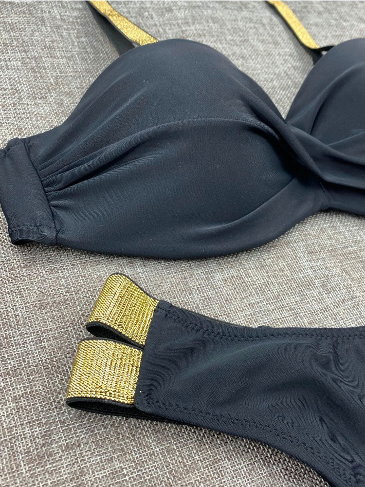 Bikini Sets Solid Color Swimsuit Sexy Mid-Waist Bandeau Gather Cup Bikinis Women Swimwear Female Bathing Suits Beach wear