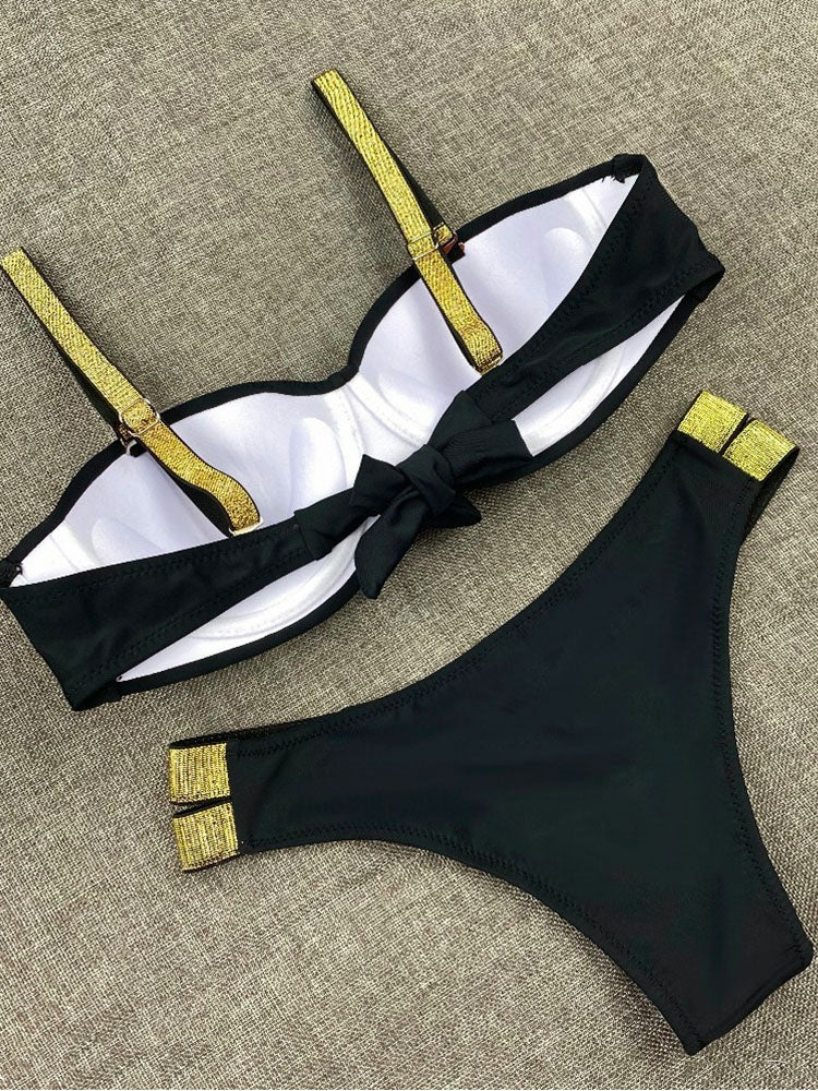 Bikini Sets Solid Color Swimsuit Sexy Mid-Waist Bandeau Gather Cup Bikinis Women Swimwear Female Bathing Suits Beach wear