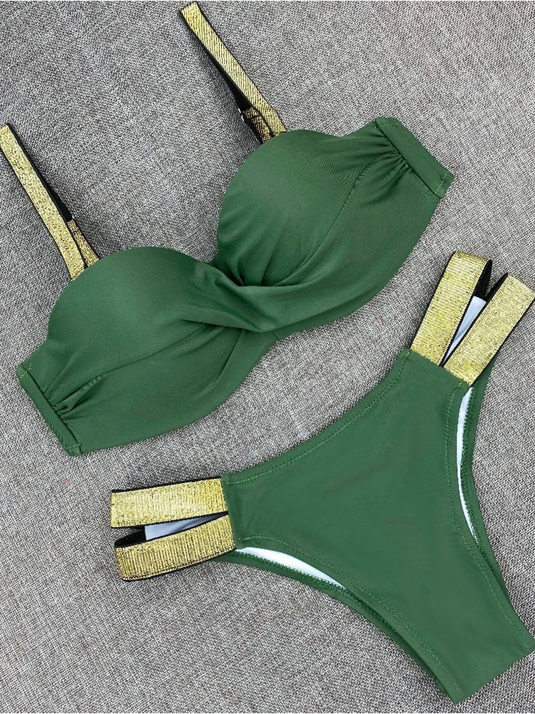 Bikini Sets Solid Color Swimsuit Sexy Mid-Waist Bandeau Gather Cup Bikinis Women Swimwear Female Bathing Suits Beach wear