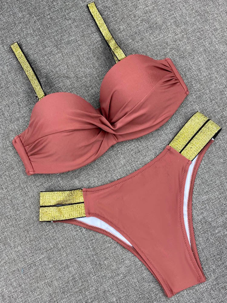 Bikini Sets Solid Color Swimsuit Sexy Mid-Waist Bandeau Gather Cup Bikinis Women Swimwear Female Bathing Suits Beach wear