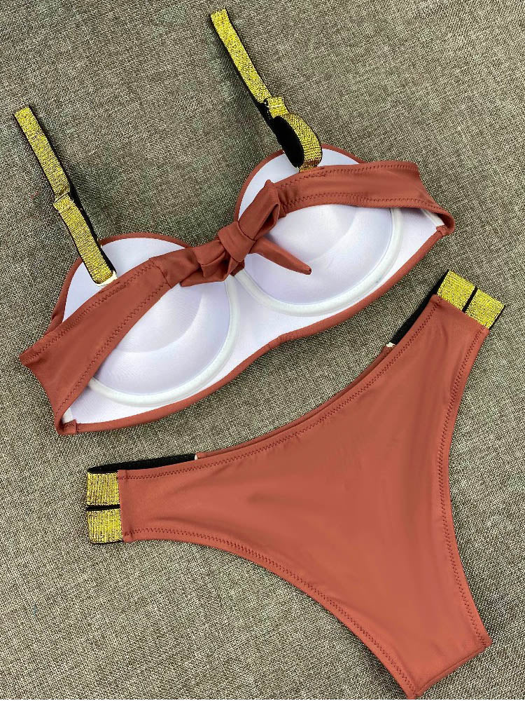 Bikini Sets Solid Color Swimsuit Sexy Mid-Waist Bandeau Gather Cup Bikinis Women Swimwear Female Bathing Suits Beach wear