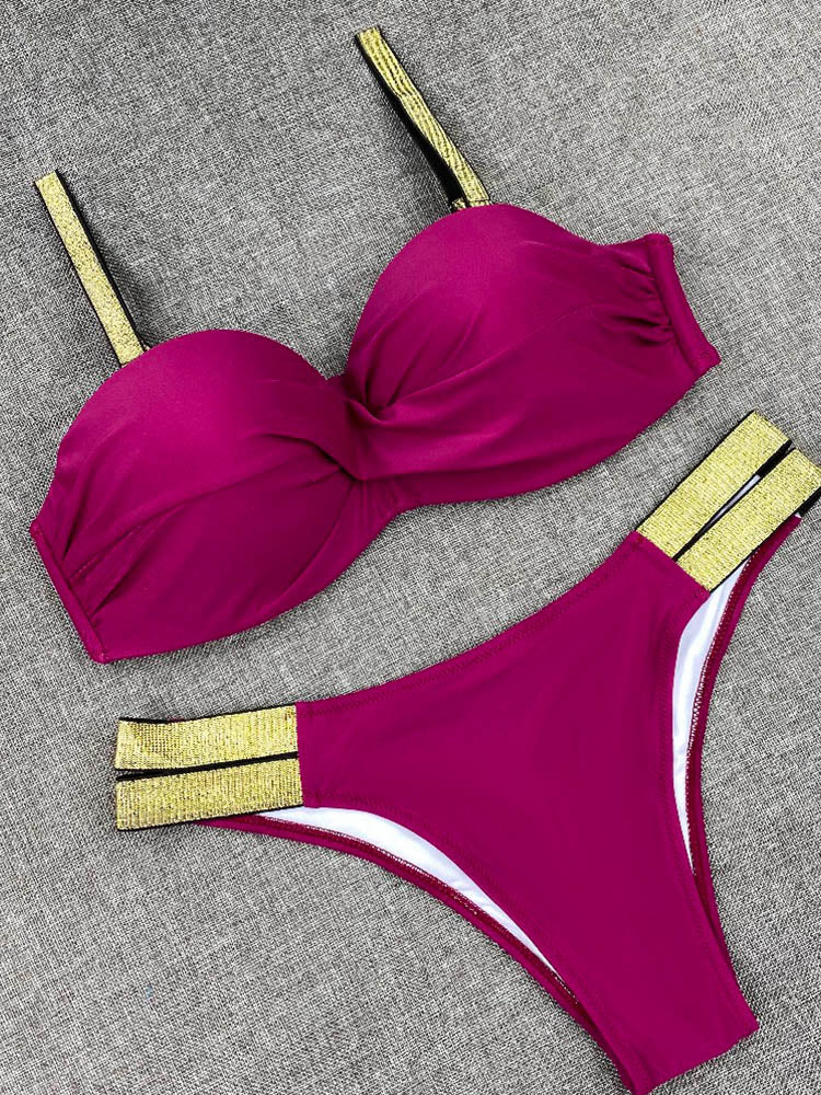 Bikini Sets Solid Color Swimsuit Sexy Mid-Waist Bandeau Gather Cup Bikinis Women Swimwear Female Bathing Suits Beach wear