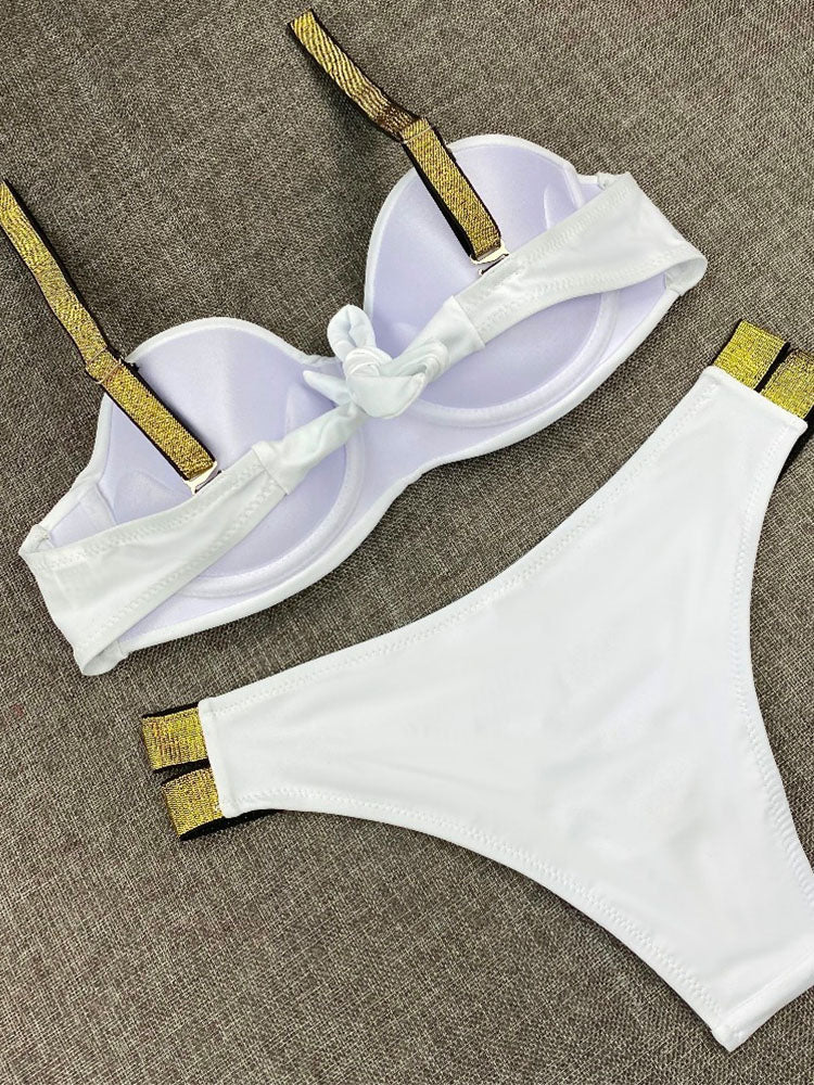 Bikini Sets Solid Color Swimsuit Sexy Mid-Waist Bandeau Gather Cup Bikinis Women Swimwear Female Bathing Suits Beach wear
