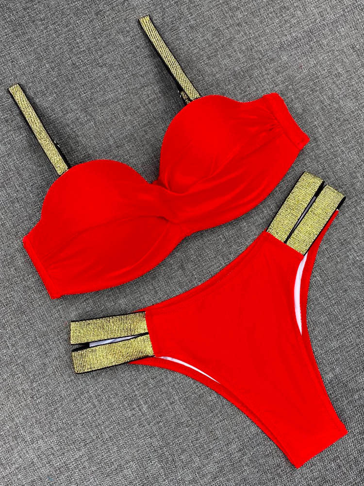 Bikini Sets Solid Color Swimsuit Sexy Mid-Waist Bandeau Gather Cup Bikinis Women Swimwear Female Bathing Suits Beach wear