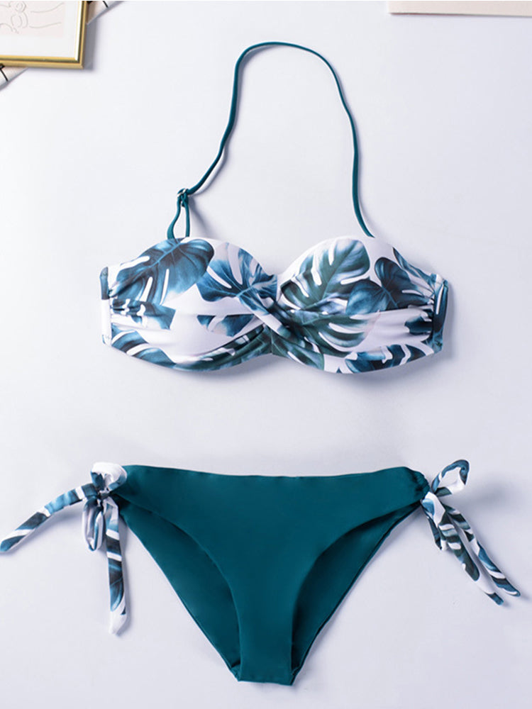 Bikini Sets Solid Color Swimsuit Sexy Mid-Waist Bandeau Gather Cup Bikinis Women Swimwear Female Bathing Suits Beach wear