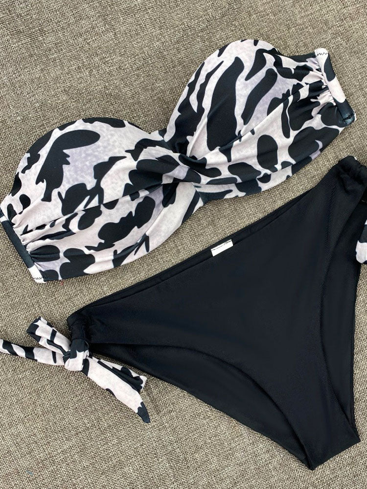 Bikini Sets Solid Color Swimsuit Sexy Mid-Waist Bandeau Gather Cup Bikinis Women Swimwear Female Bathing Suits Beach wear