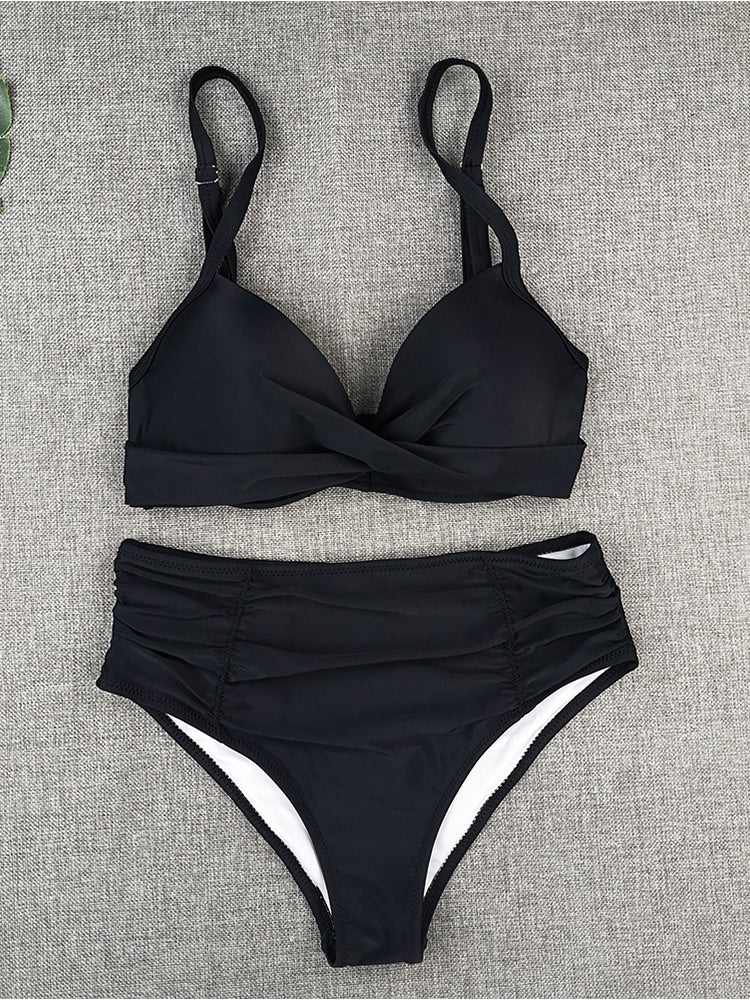 Bikini Sets Solid Color Swimsuit Sexy Mid-Waist Bandeau Gather Cup Bikinis Women Swimwear Female Bathing Suits Beach wear