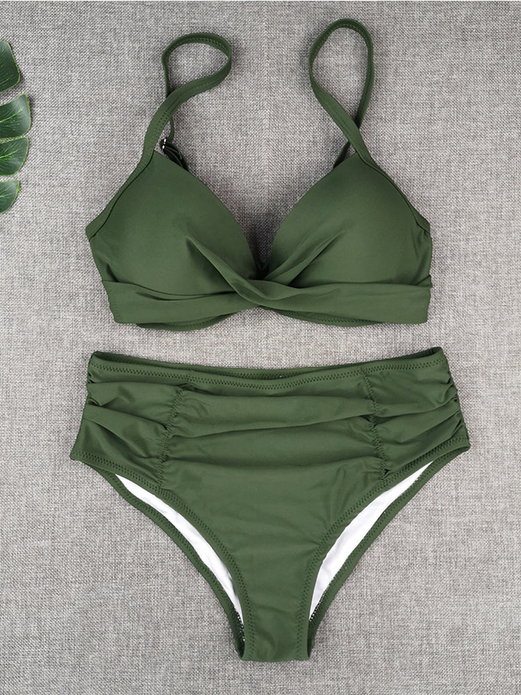 Bikini Sets Solid Color Swimsuit Sexy Mid-Waist Bandeau Gather Cup Bikinis Women Swimwear Female Bathing Suits Beach wear