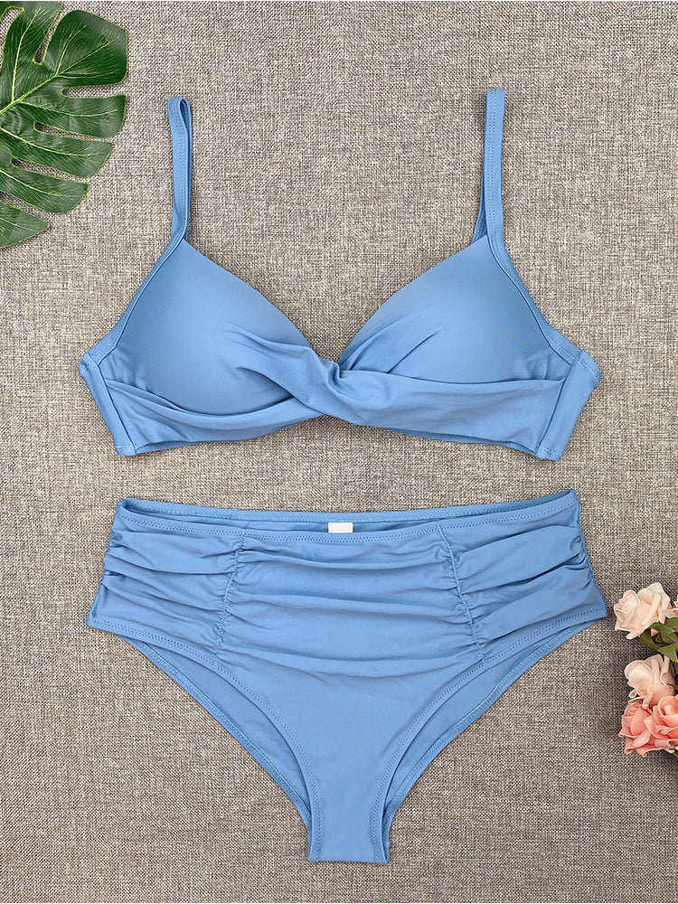 Bikini Sets Solid Color Swimsuit Sexy Mid-Waist Bandeau Gather Cup Bikinis Women Swimwear Female Bathing Suits Beach wear