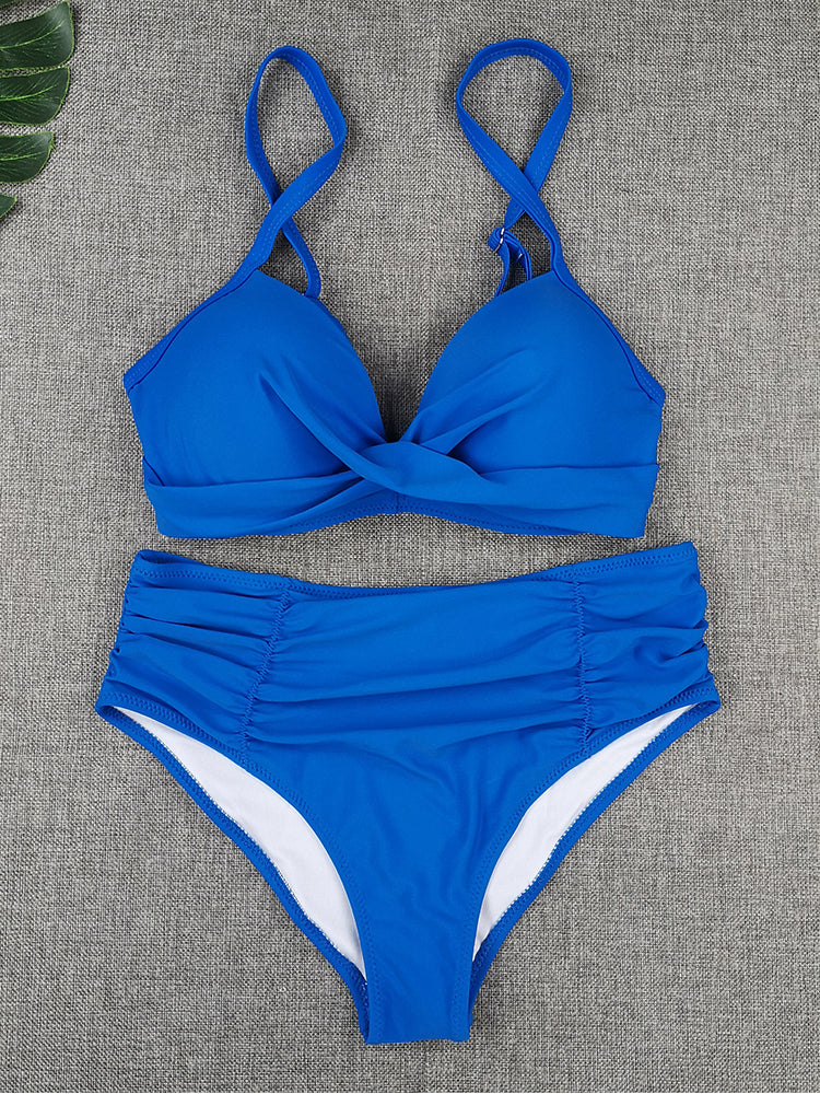 Bikini Sets Solid Color Swimsuit Sexy Mid-Waist Bandeau Gather Cup Bikinis Women Swimwear Female Bathing Suits Beach wear