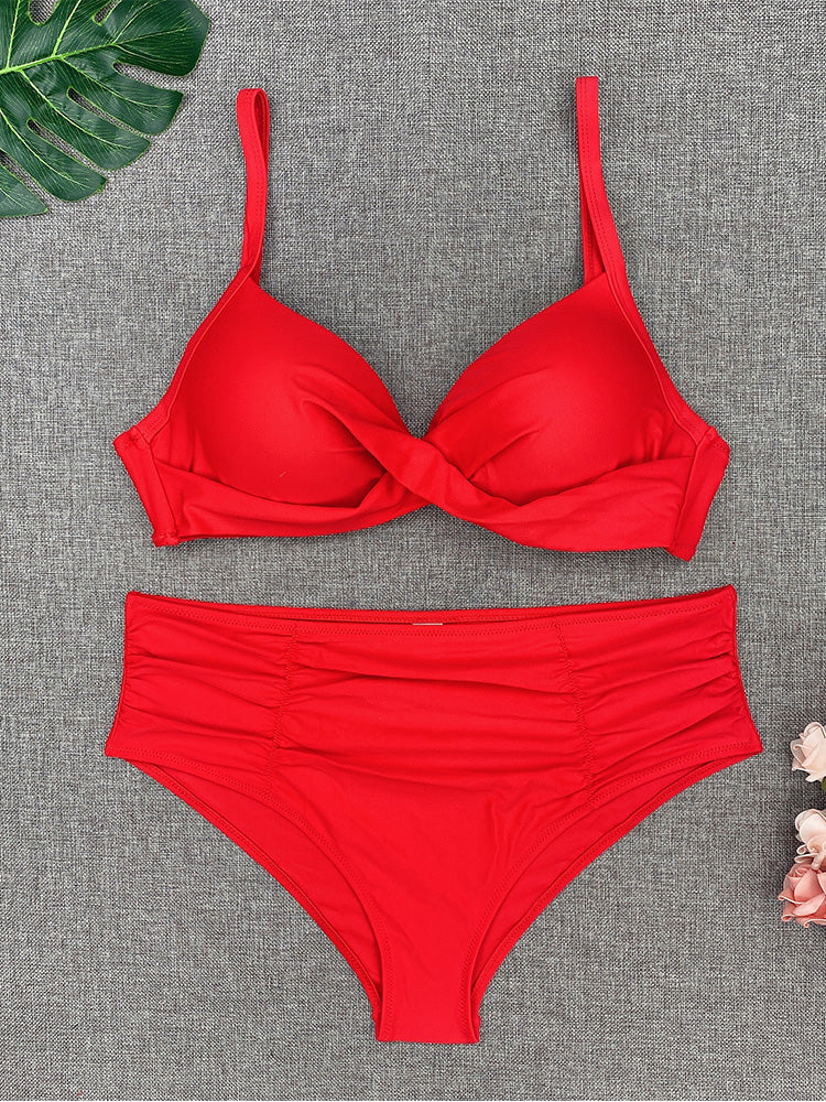 Bikini Sets Solid Color Swimsuit Sexy Mid-Waist Bandeau Gather Cup Bikinis Women Swimwear Female Bathing Suits Beach wear