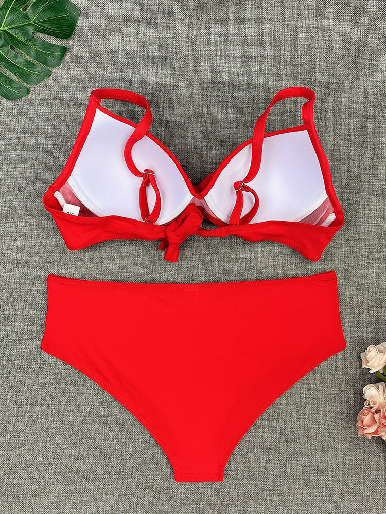 Bikini Sets Solid Color Swimsuit Sexy Mid-Waist Bandeau Gather Cup Bikinis Women Swimwear Female Bathing Suits Beach wear