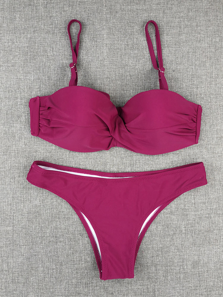 Bikini Sets Solid Color Swimsuit Sexy Mid-Waist Bandeau Gather Cup Bikinis Women Swimwear Female Bathing Suits Beach wear