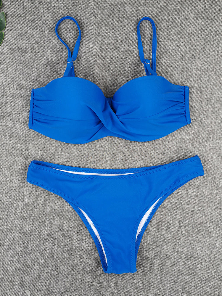Bikini Sets Solid Color Swimsuit Sexy Mid-Waist Bandeau Gather Cup Bikinis Women Swimwear Female Bathing Suits Beach wear