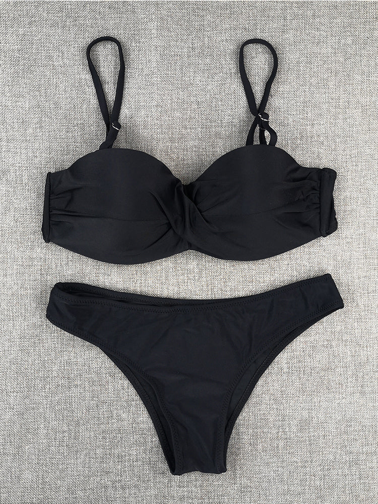 Bikini Sets Solid Color Swimsuit Sexy Mid-Waist Bandeau Gather Cup Bikinis Women Swimwear Female Bathing Suits Beach wear