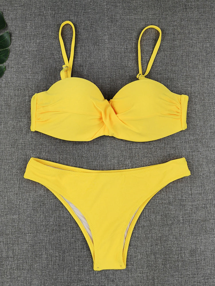 Bikini Sets Solid Color Swimsuit Sexy Mid-Waist Bandeau Gather Cup Bikinis Women Swimwear Female Bathing Suits Beach wear