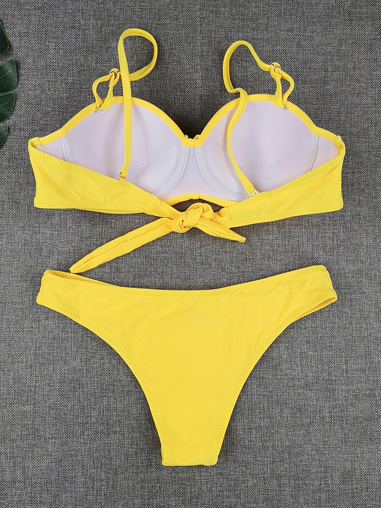 Bikini Sets Solid Color Swimsuit Sexy Mid-Waist Bandeau Gather Cup Bikinis Women Swimwear Female Bathing Suits Beach wear