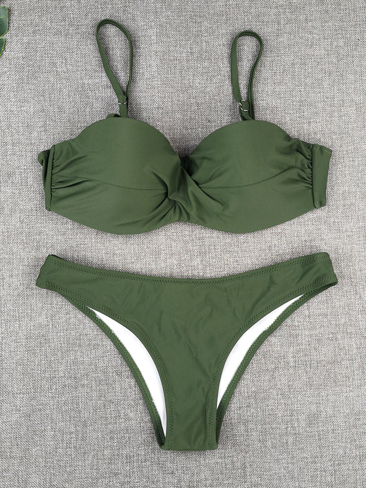 Bikini Sets Solid Color Swimsuit Sexy Mid-Waist Bandeau Gather Cup Bikinis Women Swimwear Female Bathing Suits Beach wear
