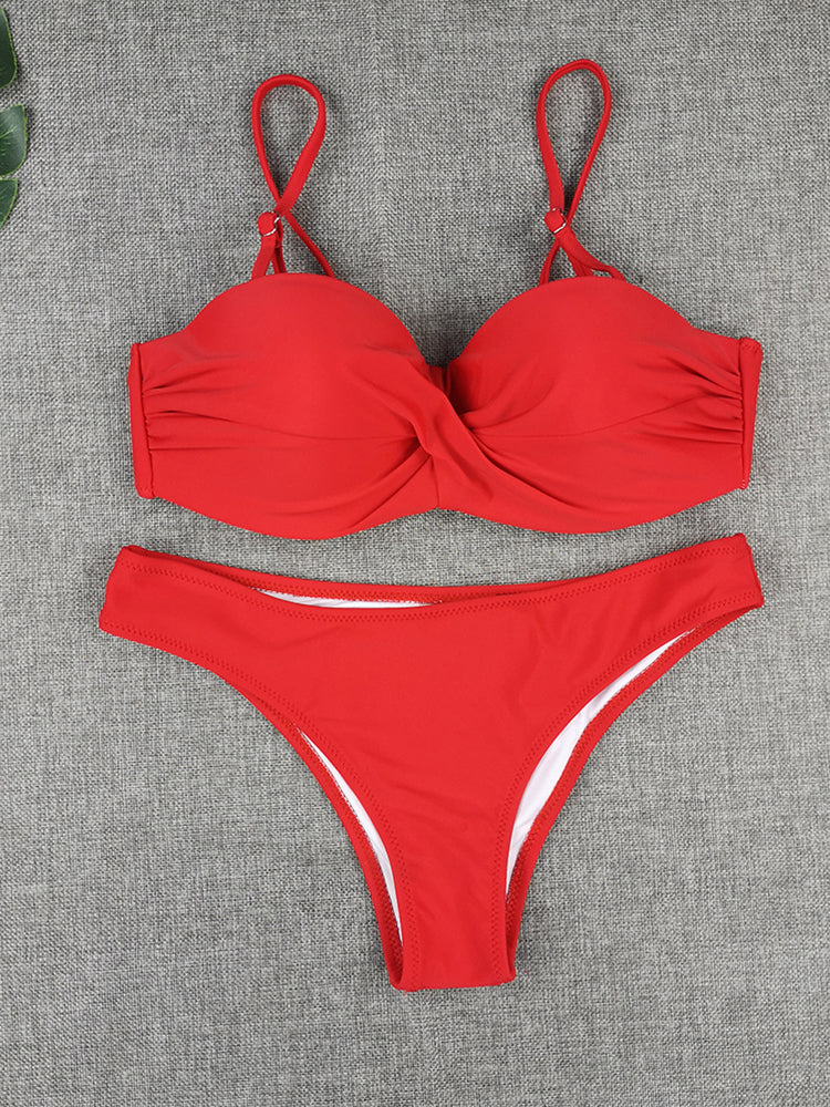 Bikini Sets Solid Color Swimsuit Sexy Mid-Waist Bandeau Gather Cup Bikinis Women Swimwear Female Bathing Suits Beach wear