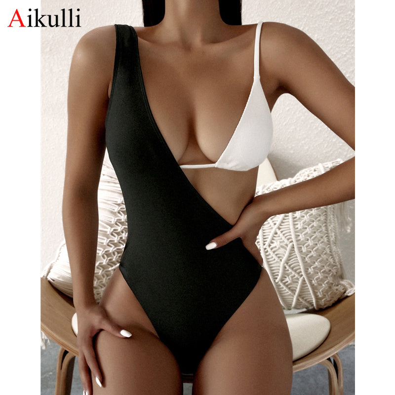 Sexy Solid Bikinis One Piece Swimsuit Women Three-Piece One Shoulder Swimwear Summer Beach Female Monokini Bathing Suits