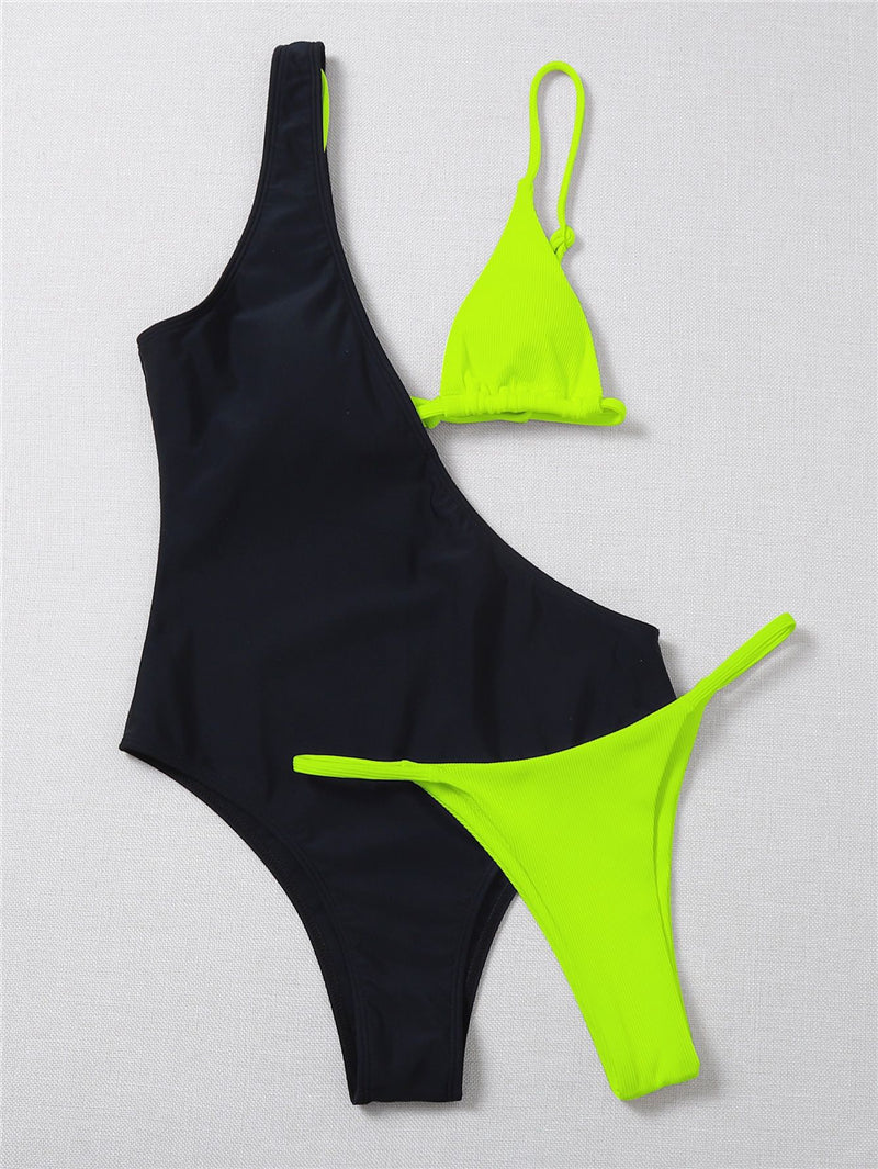 Sexy Solid Bikinis One Piece Swimsuit Women Three-Piece One Shoulder Swimwear Summer Beach Female Monokini Bathing Suits