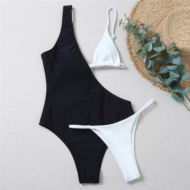 Sexy Solid Bikinis One Piece Swimsuit Women Three-Piece One Shoulder Swimwear Summer Beach Female Monokini Bathing Suits