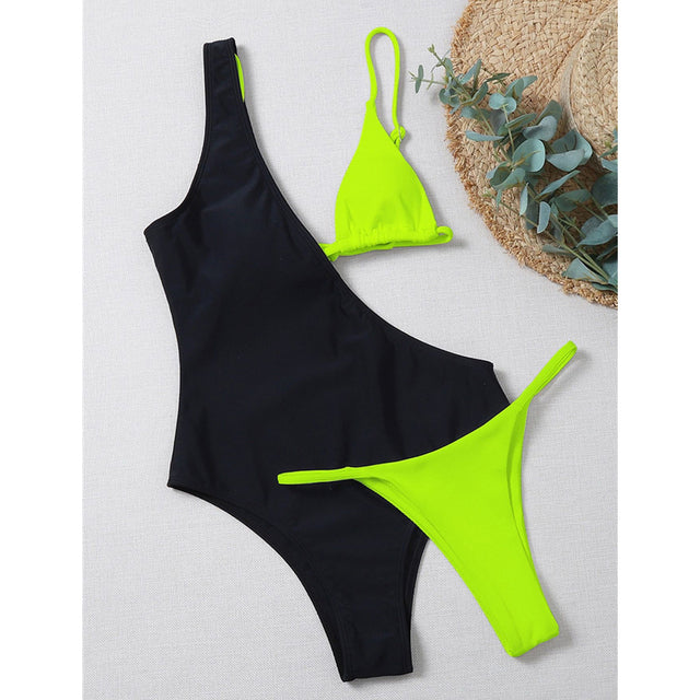 Sexy Solid Bikinis One Piece Swimsuit Women Three-Piece One Shoulder Swimwear Summer Beach Female Monokini Bathing Suits