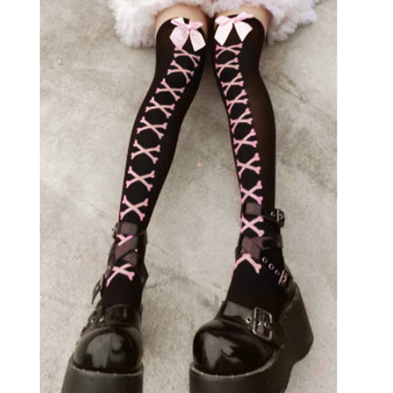 Girl Bone Bow Socks Streetwear Girls Black Sweet Cute Pink Y2K Harajuku Lolita Fishnet Stockings Thigh High Stockings