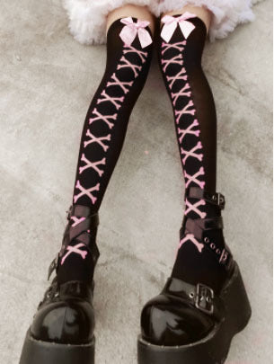 Girl Bone Bow Socks Streetwear Girls Black Sweet Cute Pink Y2K Harajuku Lolita Fishnet Stockings Thigh High Stockings