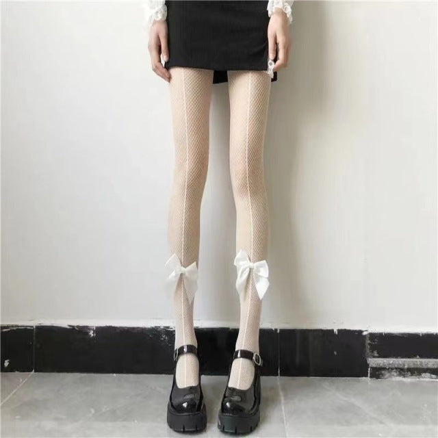 Girl Bone Bow Socks Streetwear Girls Black Sweet Cute Pink Y2K Harajuku Lolita Fishnet Stockings Thigh High Stockings