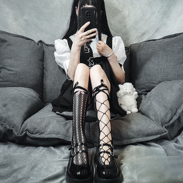 Girl Bone Bow Socks Streetwear Girls Black Sweet Cute Pink Y2K Harajuku Lolita Fishnet Stockings Thigh High Stockings
