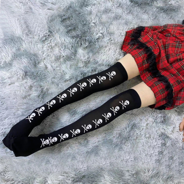 Girl Bone Bow Socks Streetwear Girls Black Sweet Cute Pink Y2K Harajuku Lolita Fishnet Stockings Thigh High Stockings