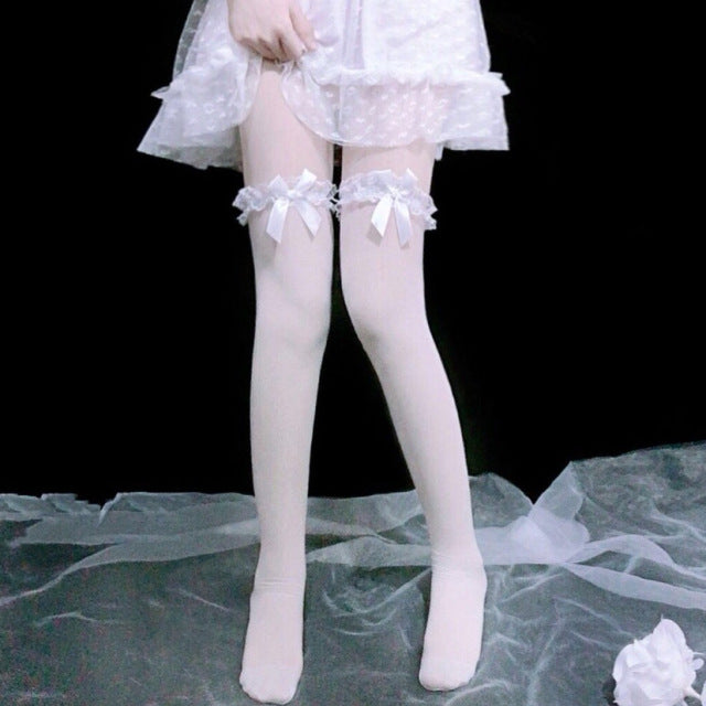 Girl Bone Bow Socks Streetwear Girls Black Sweet Cute Pink Y2K Harajuku Lolita Fishnet Stockings Thigh High Stockings