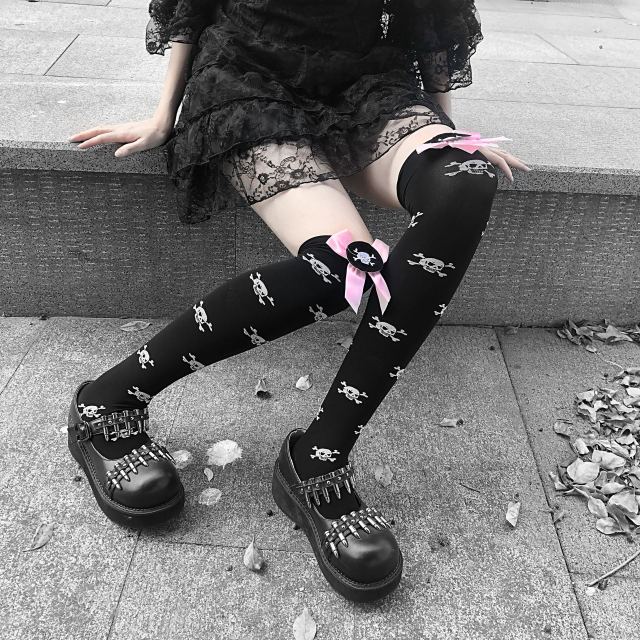 Girl Bone Bow Socks Streetwear Girls Black Sweet Cute Pink Y2K Harajuku Lolita Fishnet Stockings Thigh High Stockings