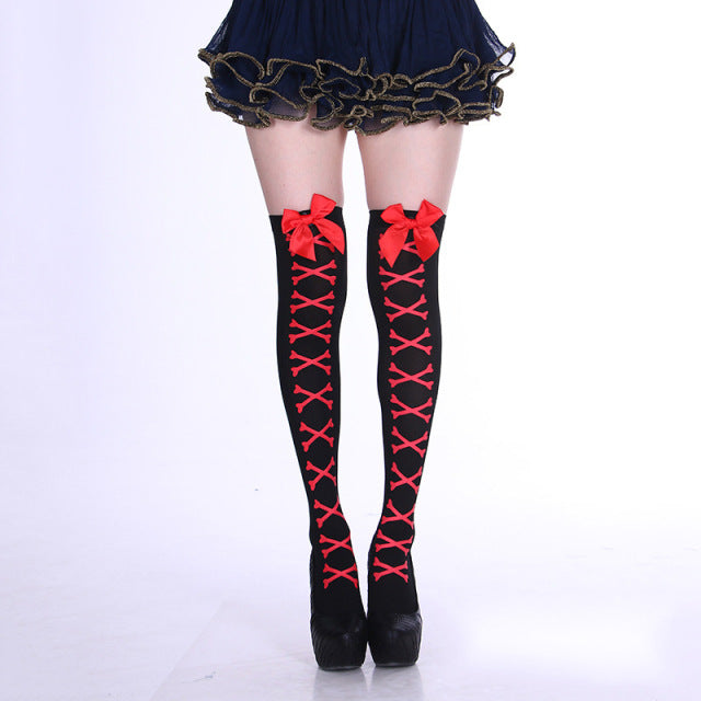Girl Bone Bow Socks Streetwear Girls Black Sweet Cute Pink Y2K Harajuku Lolita Fishnet Stockings Thigh High Stockings